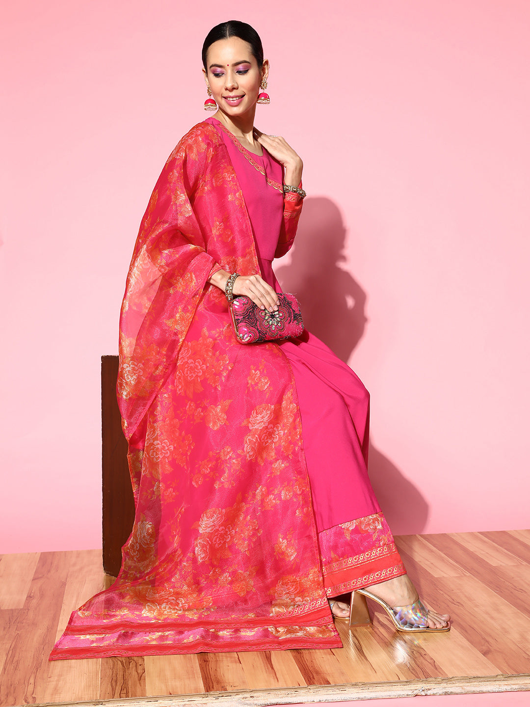 Women's Pink Crepe Solid Ethnic Dress - Ahalyaa