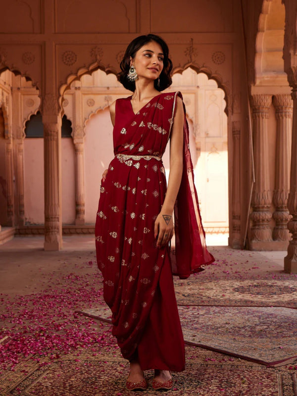 Maroon Crepe Georgette Printed Saree Dress With Printed Pallu