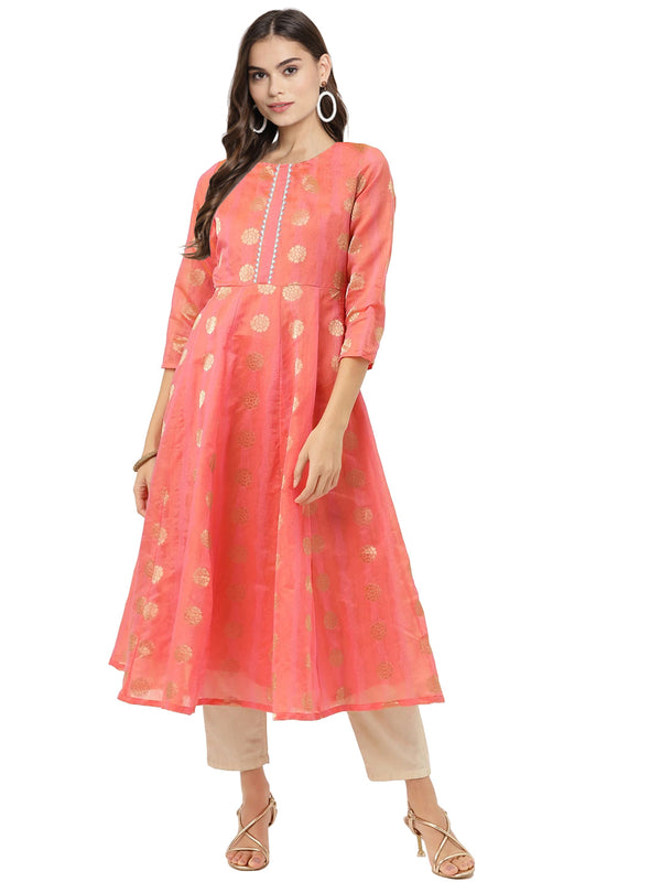 Women's Peach Chanderi Jacquard Woven Dress - Ahalyaa