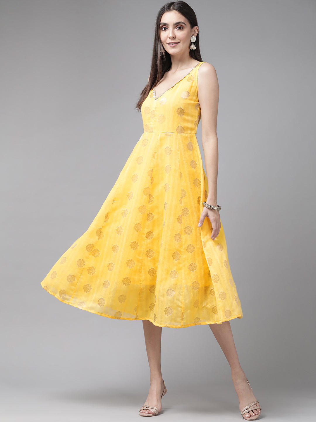 Women's Yellow Chanderi Jacquard A Line Midi Dress - Ahalyaa