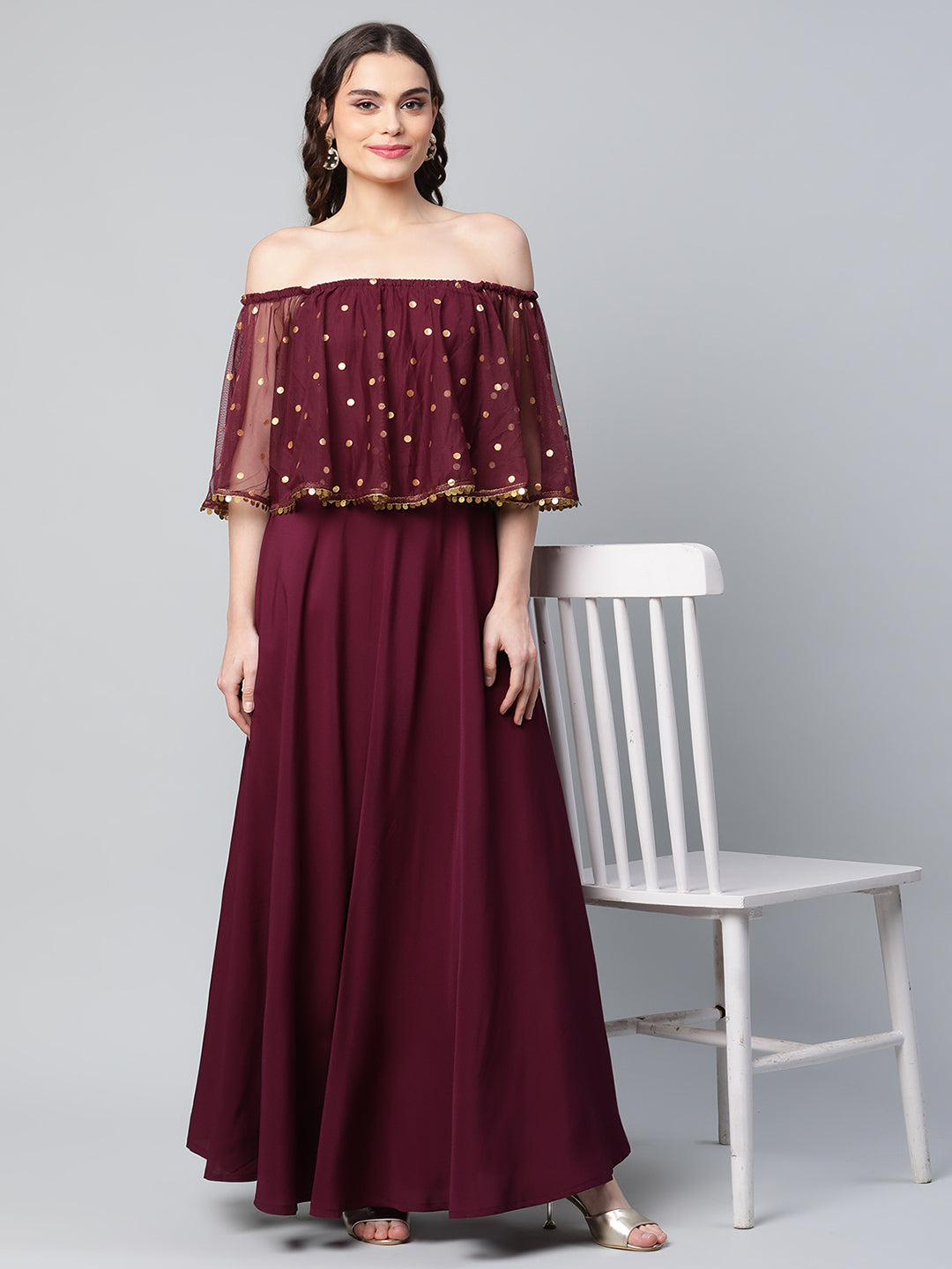 Women's Wine Colour Crepe & Net Gold Printed Dress - Ahalyaa