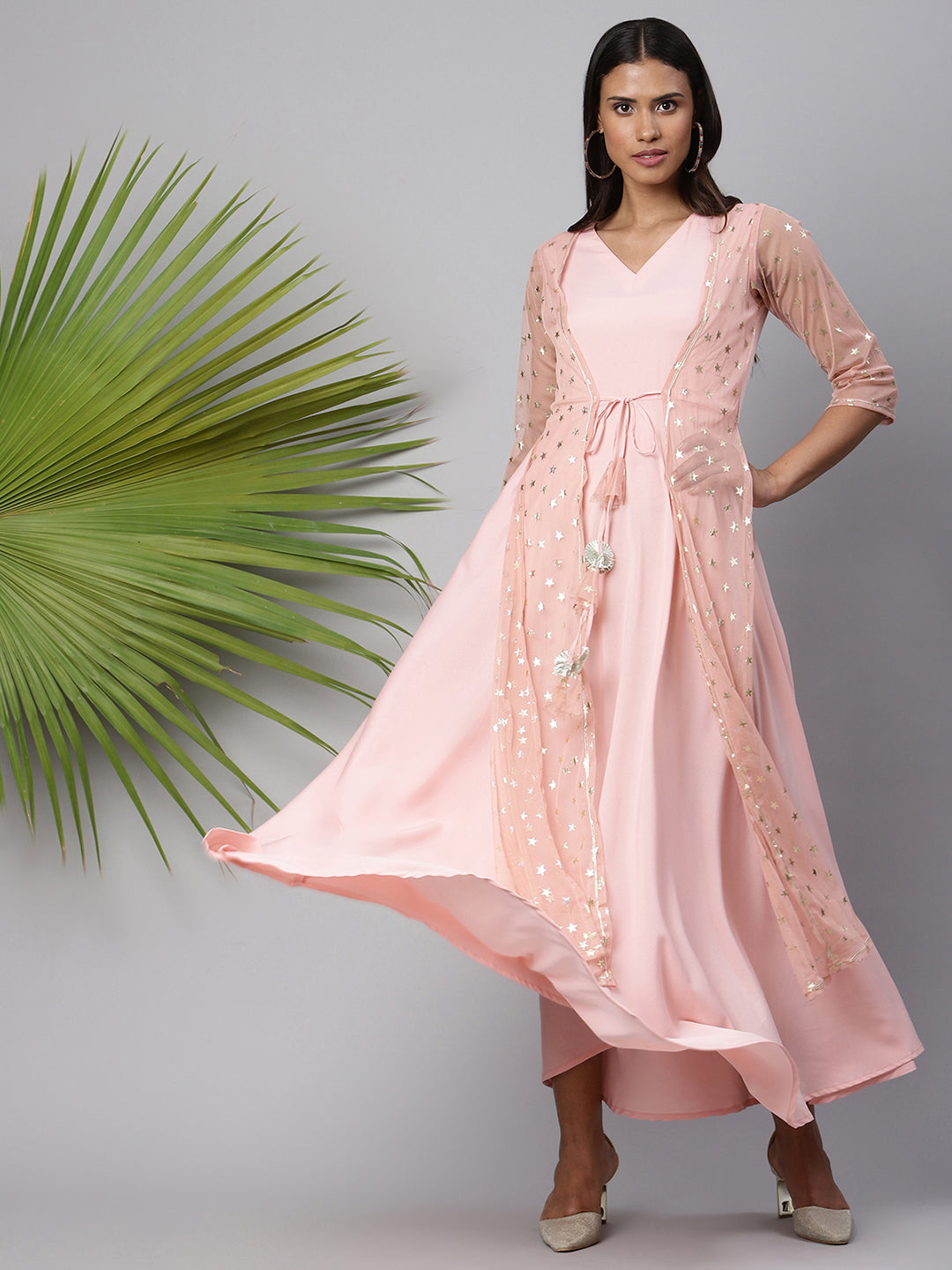 Women's Pink Crepe & Net Foil Print Dress - Ahalyaa