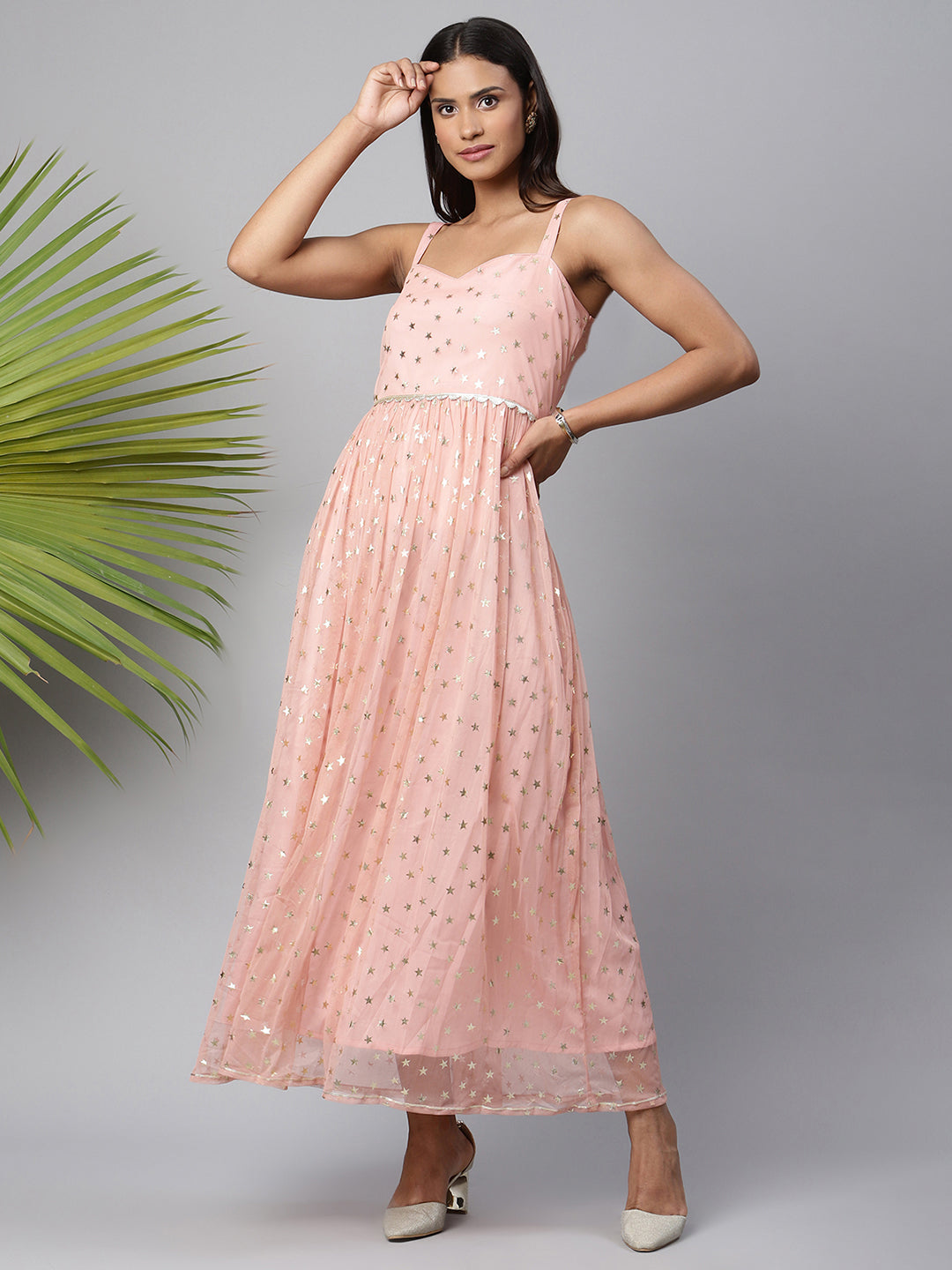 Women's Pink Net Gold Foil Print Dress - Ahalyaa