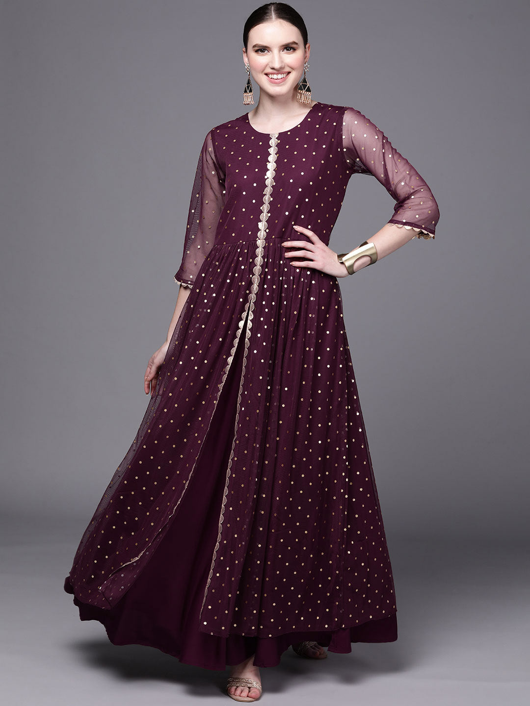 Women's Wine Net Printed Ethnic Dress - Ahalyaa