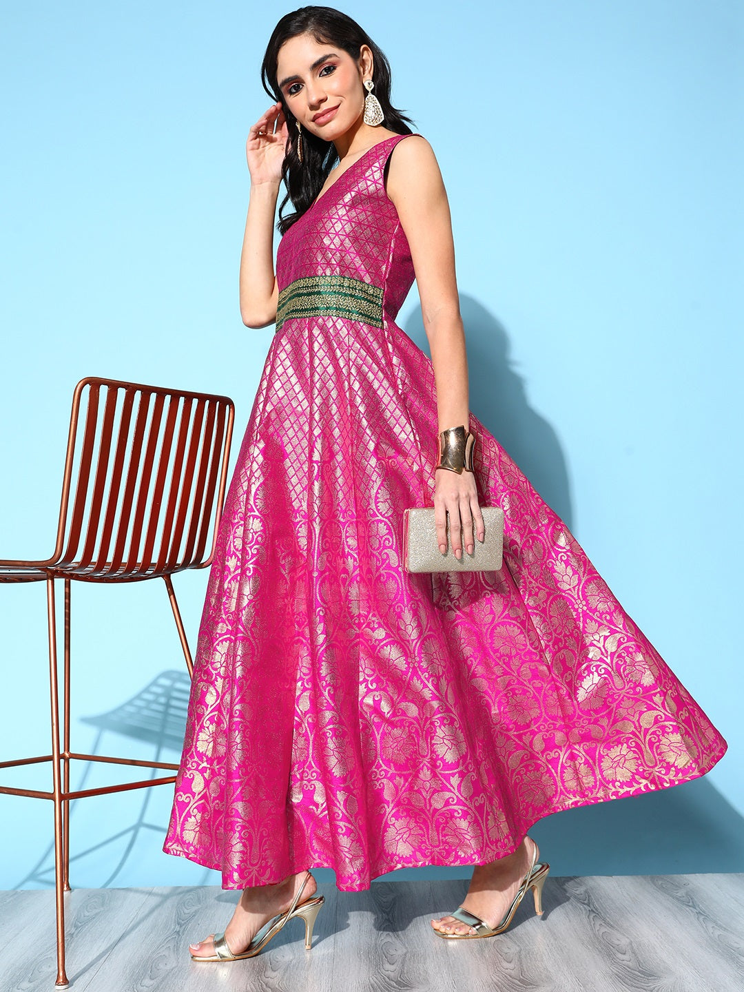 Women's Pink Poly Silk Gold Printed Dress - Ahalyaa