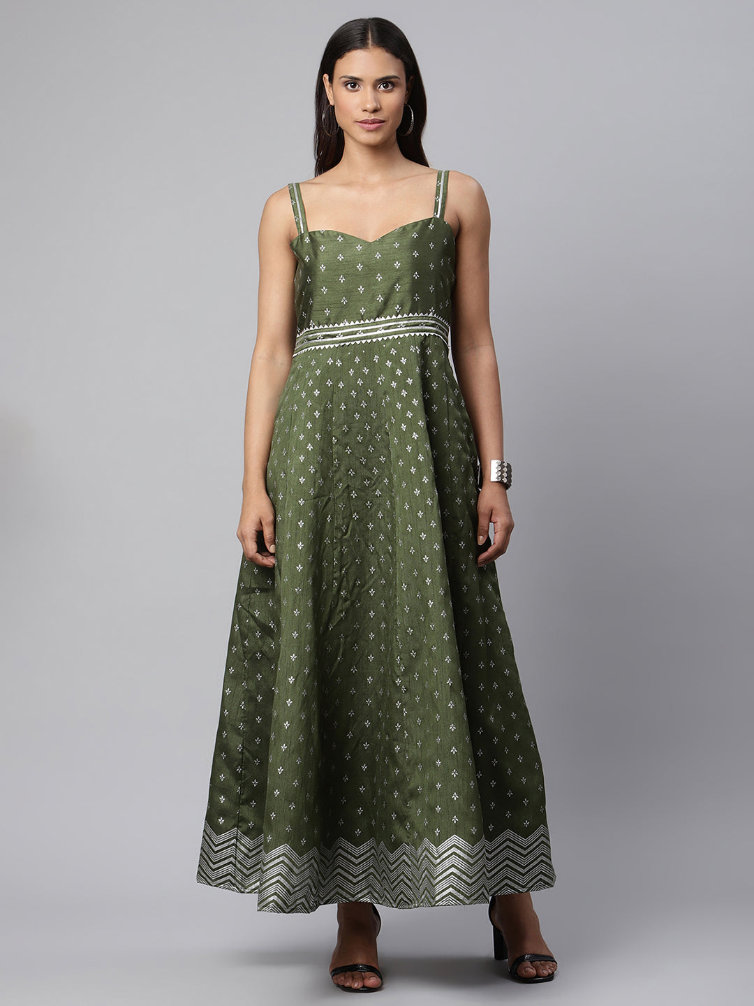 Women's Olive Poly Silk Silver Foil Printed Dress - Ahalyaa