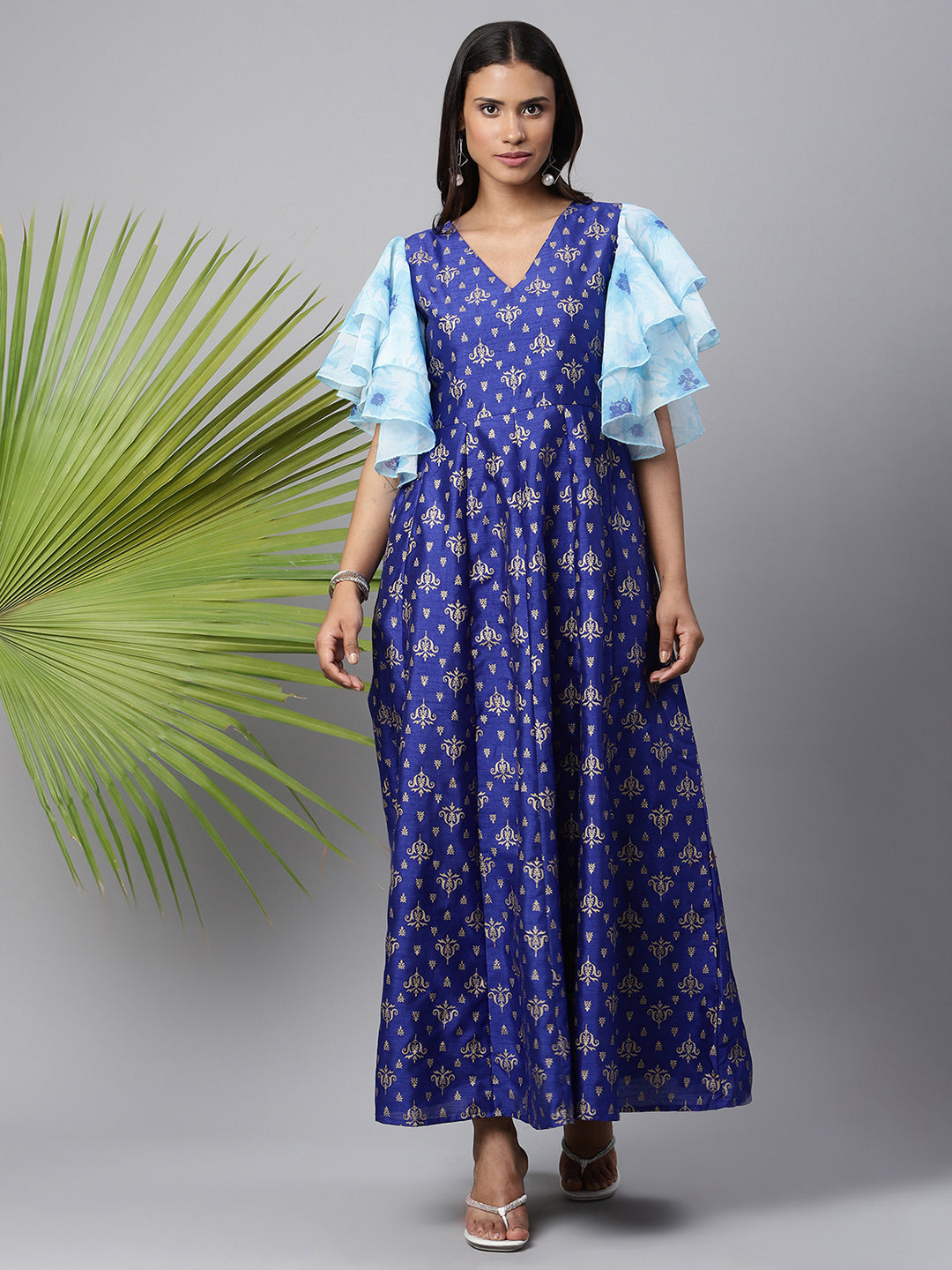 Women's Royal Blue Poly Silk Gold Paste Printed Dress - Ahalyaa