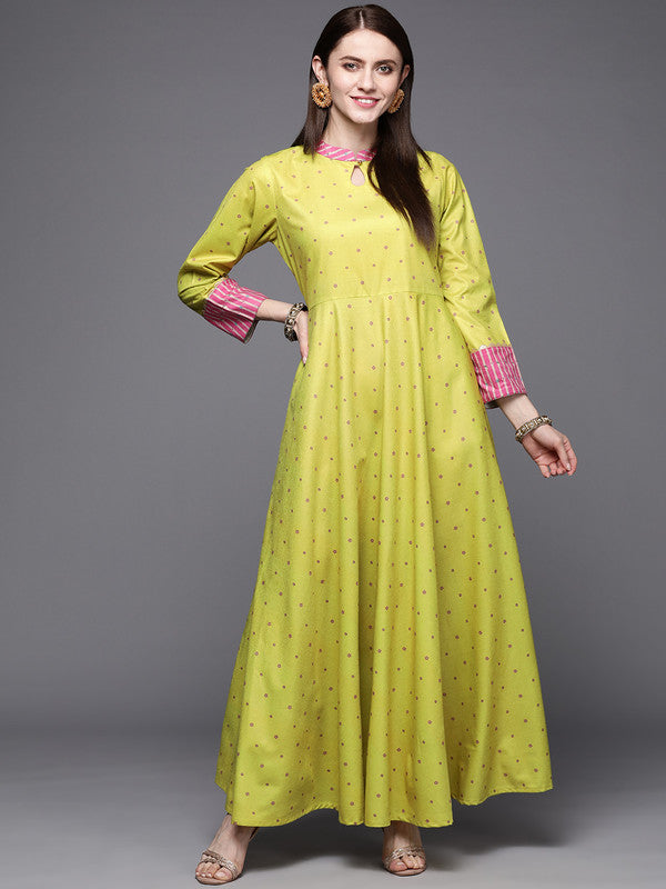 Women's Lime Yellow & Pink Printed Pleated A-Line Maxi Ethnic Dress - Ahalyaa