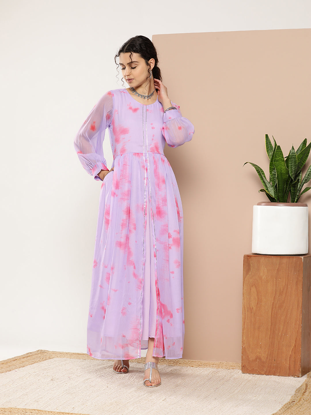 Women's Lavender Chiffon Printed Ethnic Dress - Ahalyaa