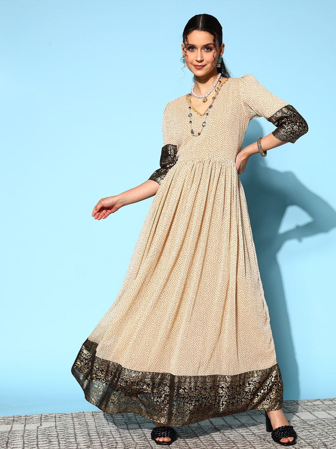 Women's Cream Chiffon Printed Ethnic Dress - Ahalyaa