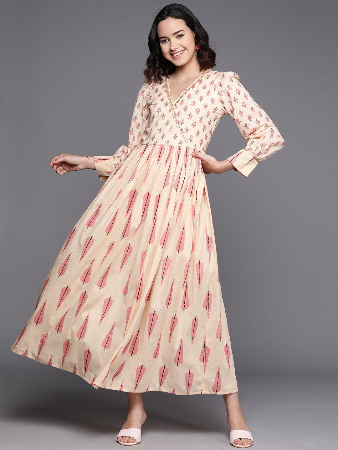 Women's Floral Print Puff Sleeves Maxi Ethnic Dress - Ahalyaa