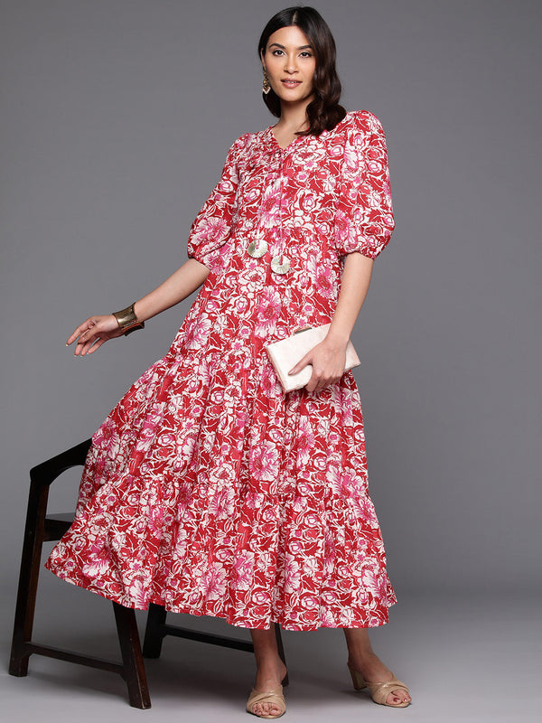 Floral Print Tie-Up Neck Puff Sleeve Cotton A-Line Midi Dress