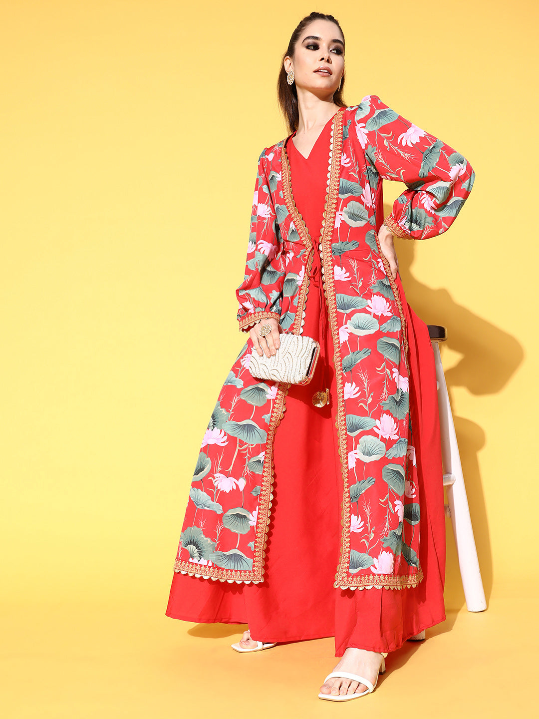 Women's Red Crepe Printed Ethnic Dress - Ahalyaa