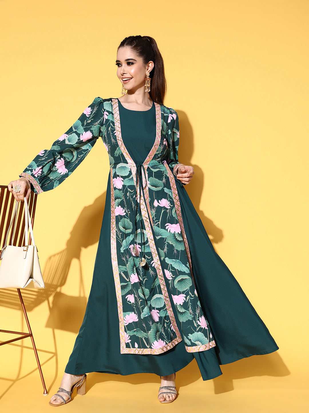 Women's Green Crepe Printed Ethnic Dress - Ahalyaa