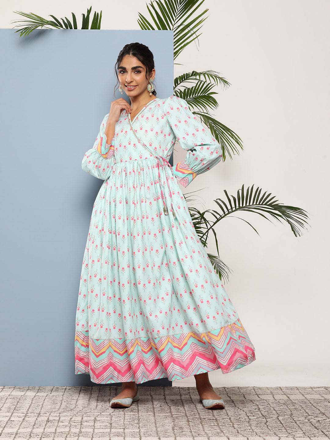 Women's Sea Green Crepe Printed Ethnic Dress - Ahalyaa