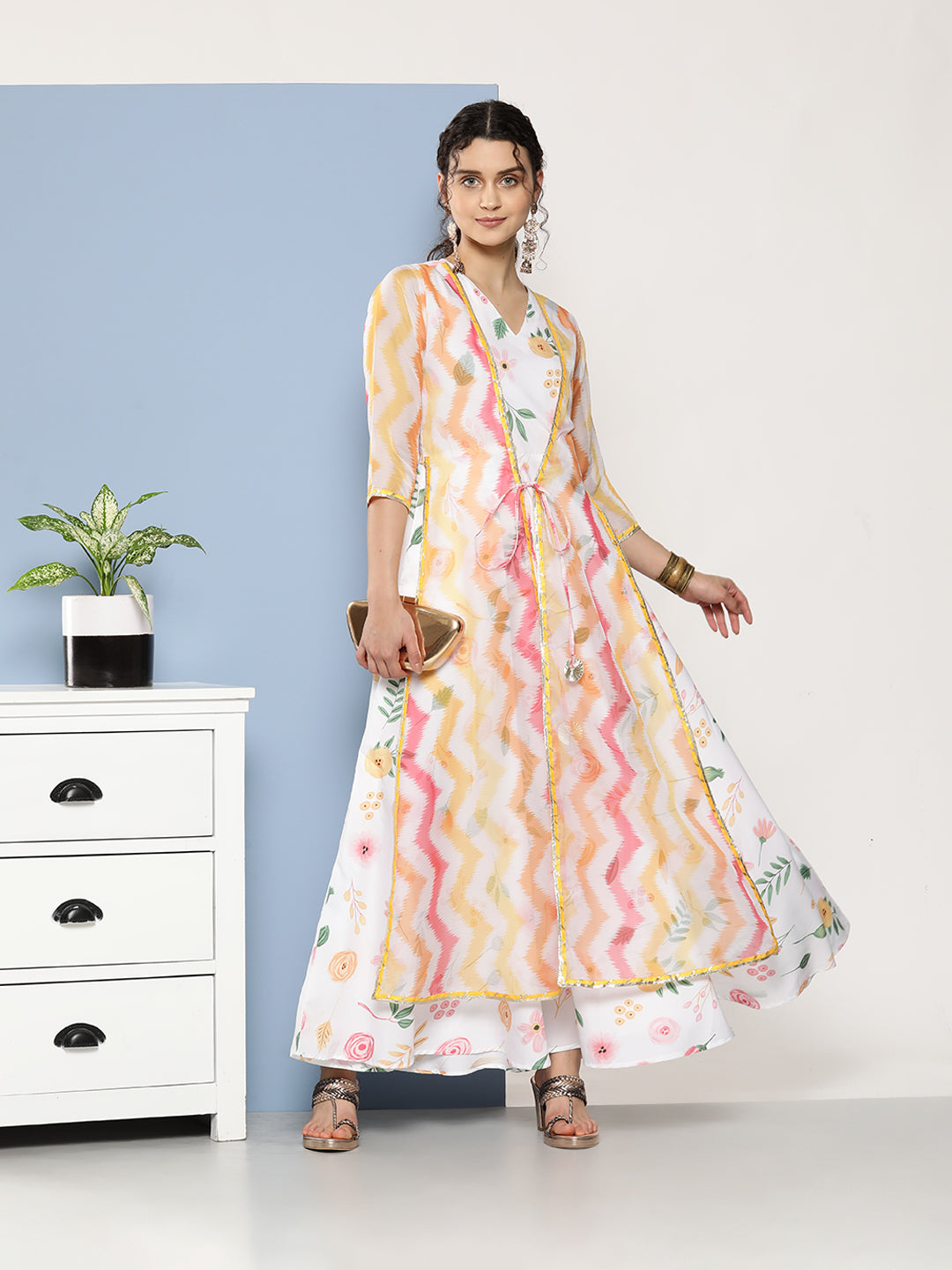 Women's White Crepe Printed Ethnic Dress - Ahalyaa