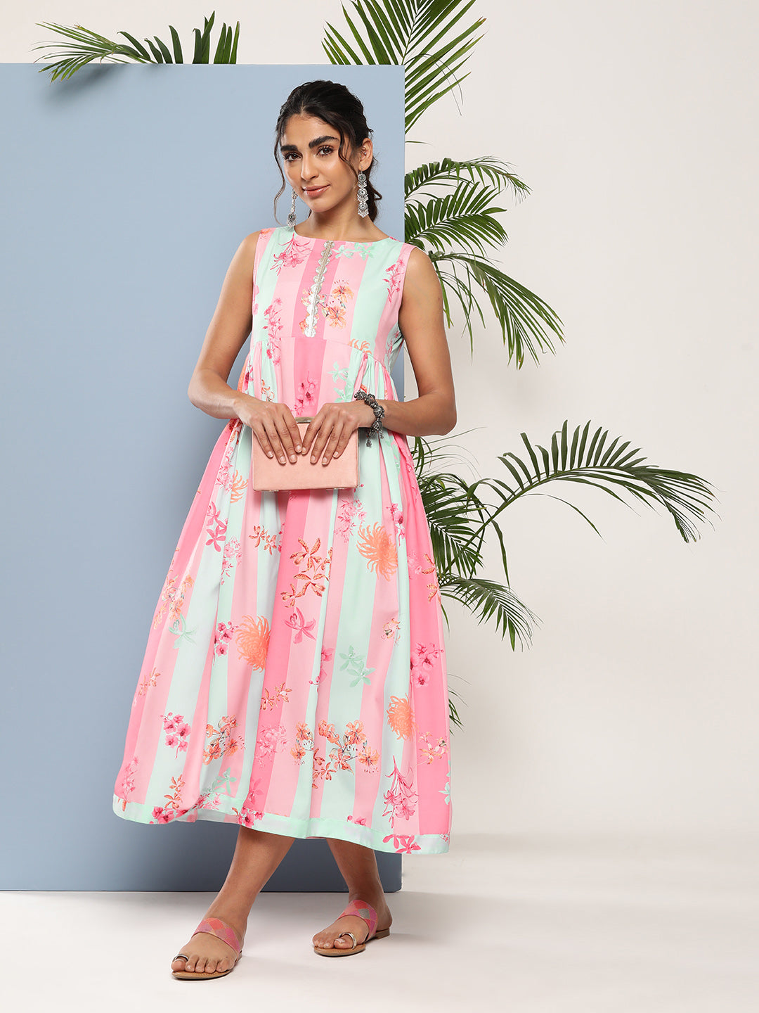 Women's Coral Crepe Printed Ethnic Dress - Ahalyaa