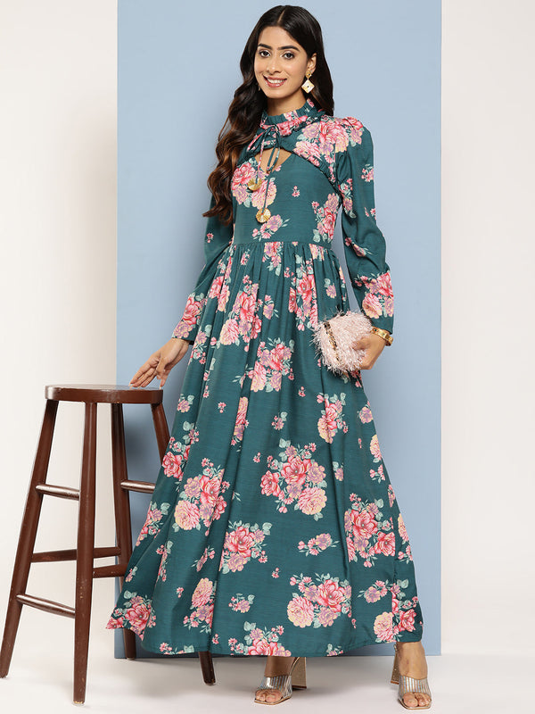 Jashvi Floral Print Puff Sleeves Tie-Up Neck Crepe Ethnic Gown With Cut-Out Detail