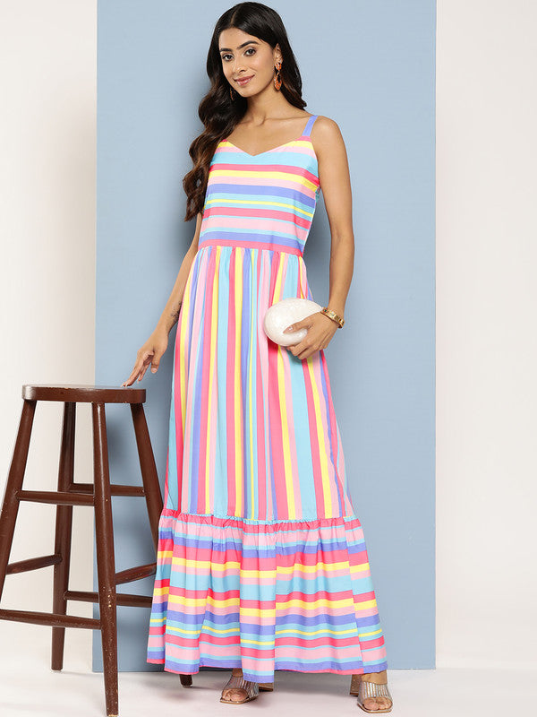 Women's Striped Crepe Maxi Ethnic Dress - Ahalyaa