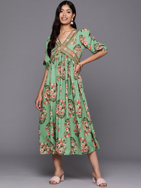 Women's Floral Print Puff Sleeve Crepe A-Line Midi Dress - Ahalyaa