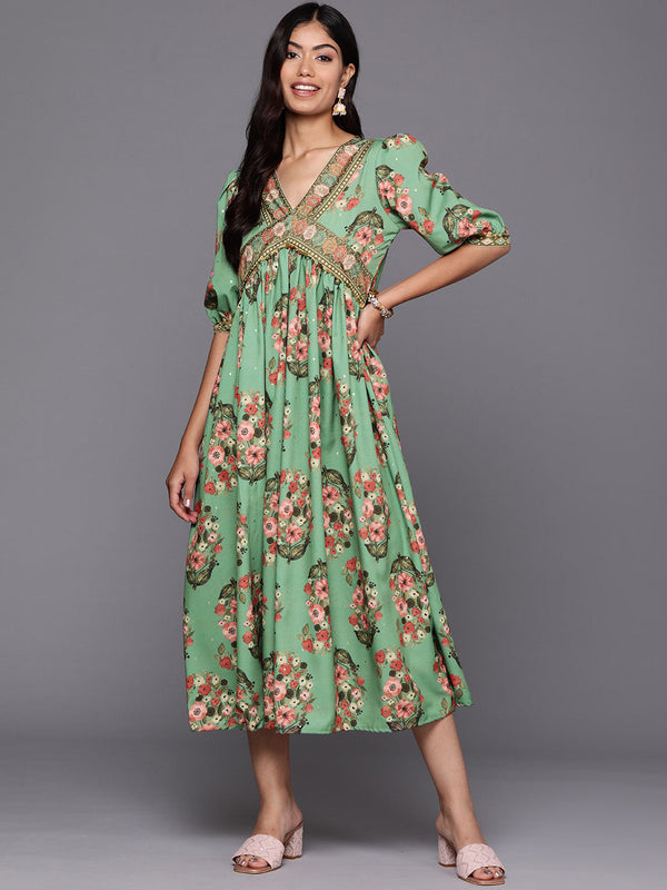 Jashvi Floral Print Puff Sleeve Crepe A-Line Midi Dress