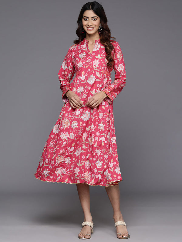 Floral Print Mandarin Collar Crepe Ethnic Dress