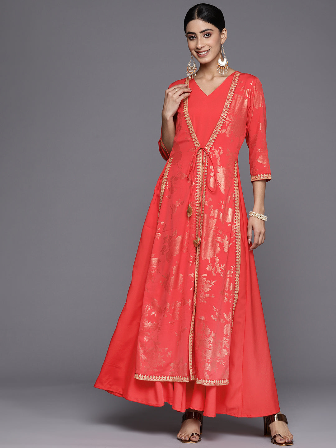 Women's Red Crepe Printed Ethnic Dress - Ahalyaa