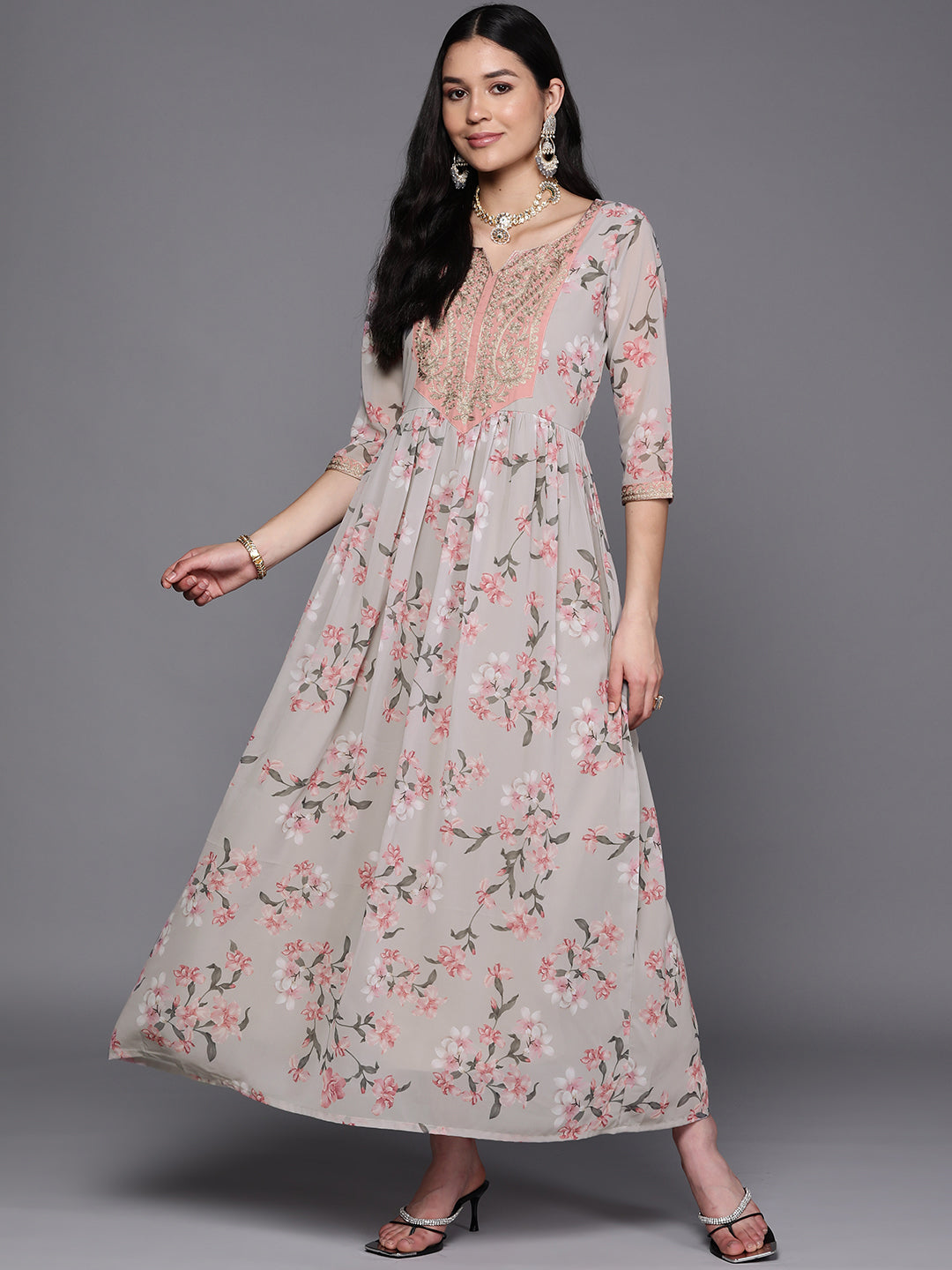 Women's Grey Georgette Printed Ethnic Dress - Ahalyaa