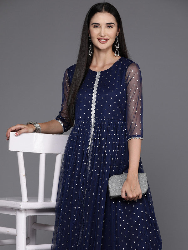 Women's Navy Blue Polka Dot Print Net A-Line Maxi Dress - Ahalyaa