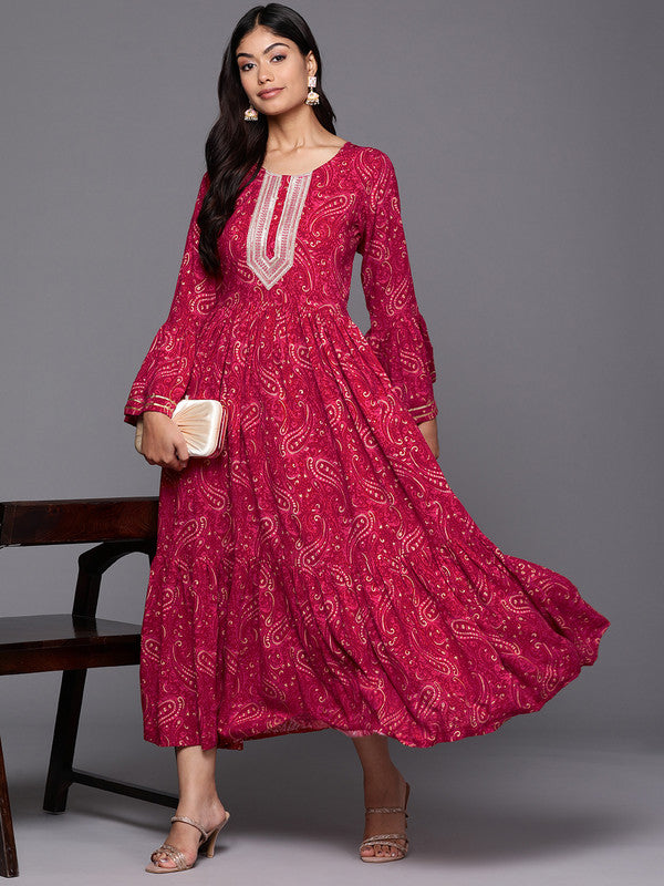 Women's Ethnic Motifs Print Bell Sleeve A-Line Midi Dress - Ahalyaa