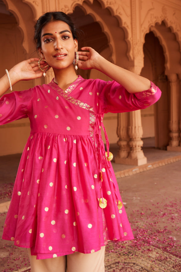 Pink Chanderi Printed Angrakha Style Tunic