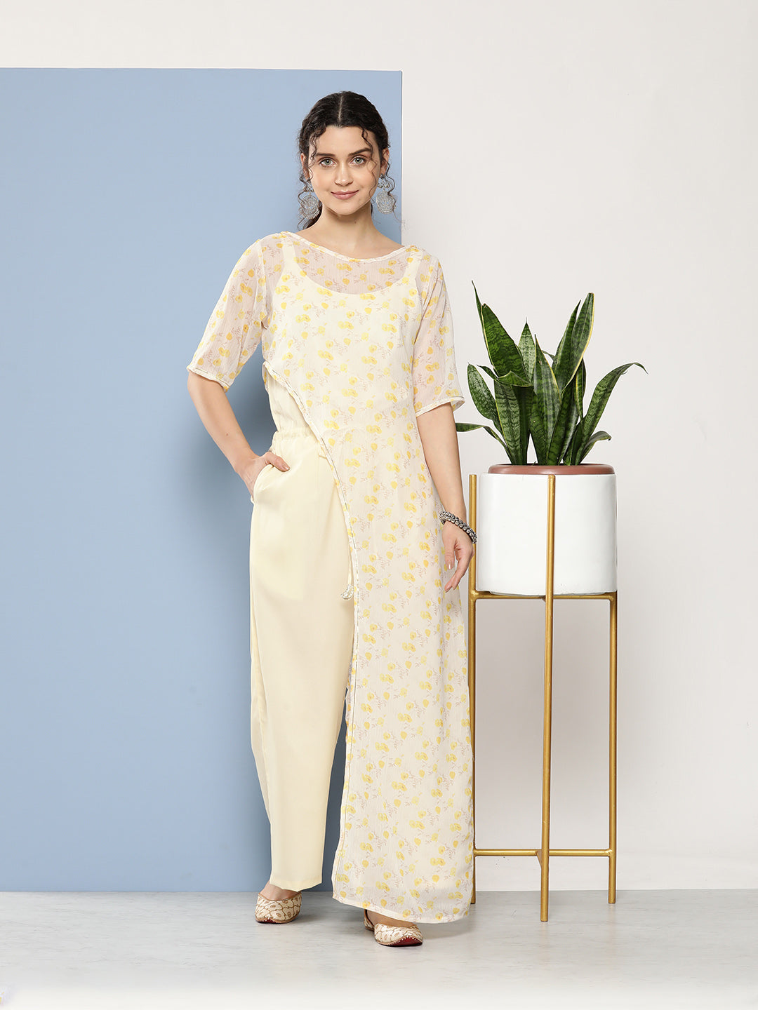 Women's Cream Net & Crepe Printed Jumpsuit - Ahalyaa