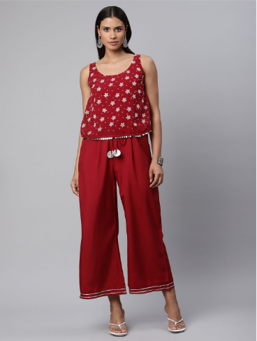 Women's Maroon Chiffon Printed Jumpsuit - Ahalyaa