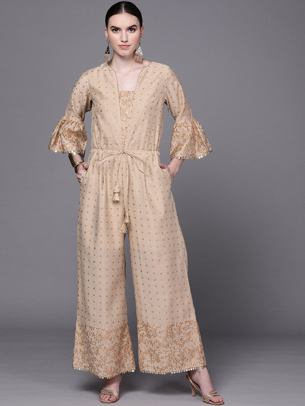 Women's Beige & Golden Printed Basic Jumpsuit - Ahalyaa