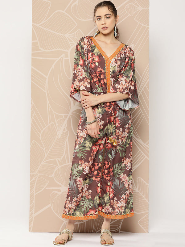 Brown& Green Printed Waist Tie-Ups Jumpsuit