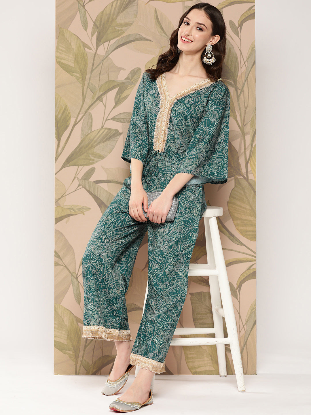 Women's Printed Basic Jumpsuit With Lace Inserts - Ahalyaa