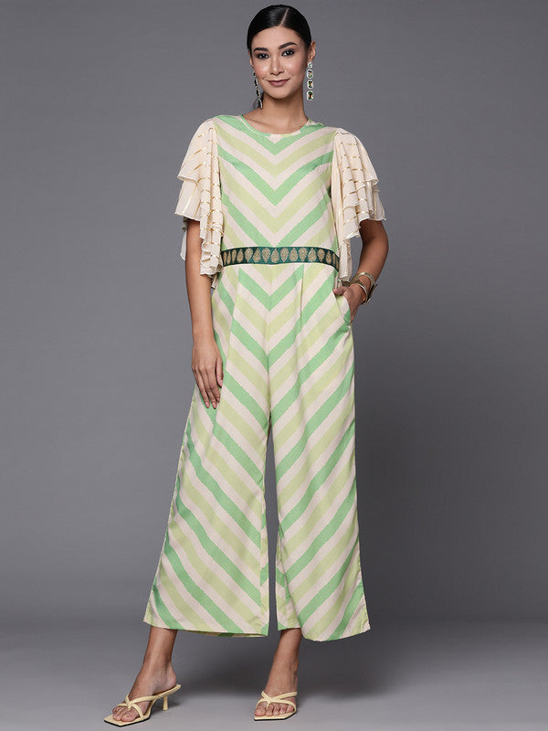 Women's Off White & Green Zig Zag Print Basic Jumpsuit - Ahalyaa