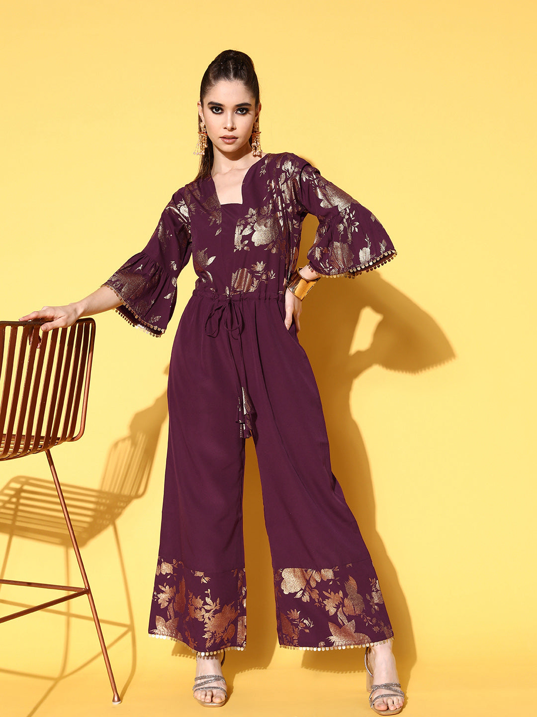 Women's Burgundy Crepe Printed Jumpsuit - Ahalyaa