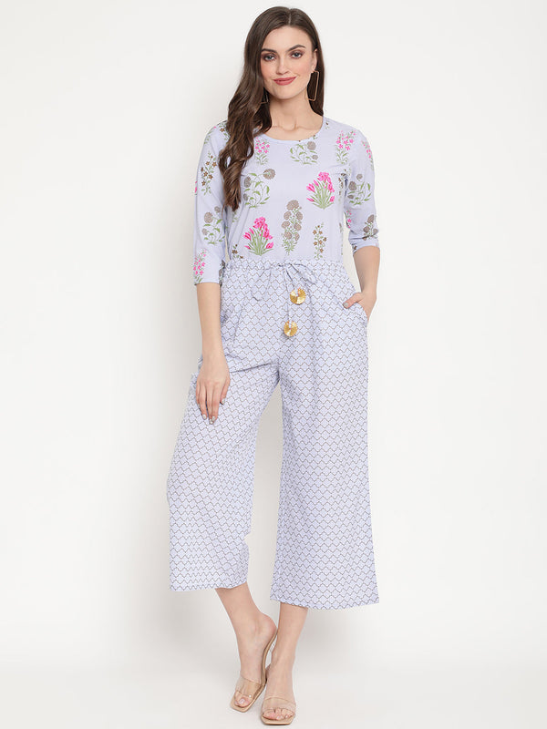 Women's Blue Crepe Printed Jumpsuit - Ahalyaa