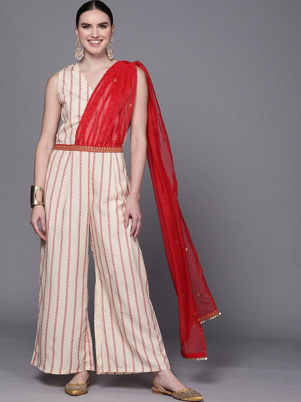 Women's Off White & Red Printed Basic Jumpsuit - Ahalyaa