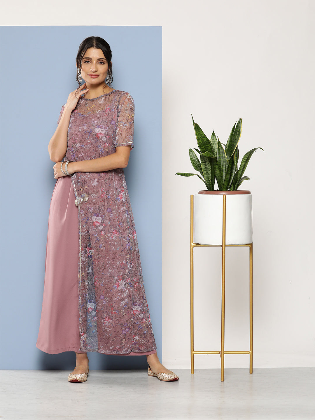 Women's Mauve Net & Crepe Printed Jumpsuit - Ahalyaa