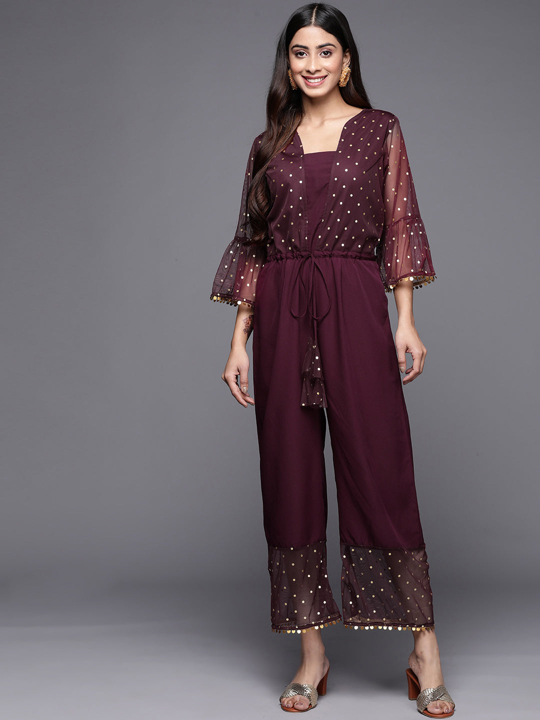 Women's Wine Crepe & Net Printed Jumpsuit - Ahalyaa