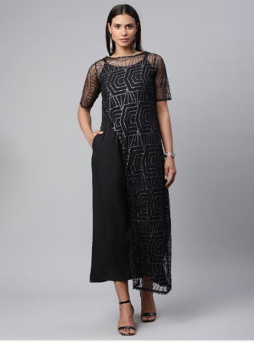 Women's Black Crepe & Net Glitter Print Jumpsuit - Ahalyaa