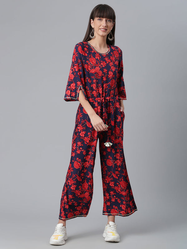 Women's Navy & Red Rayon Printed Jumpsuit - Ahalyaa