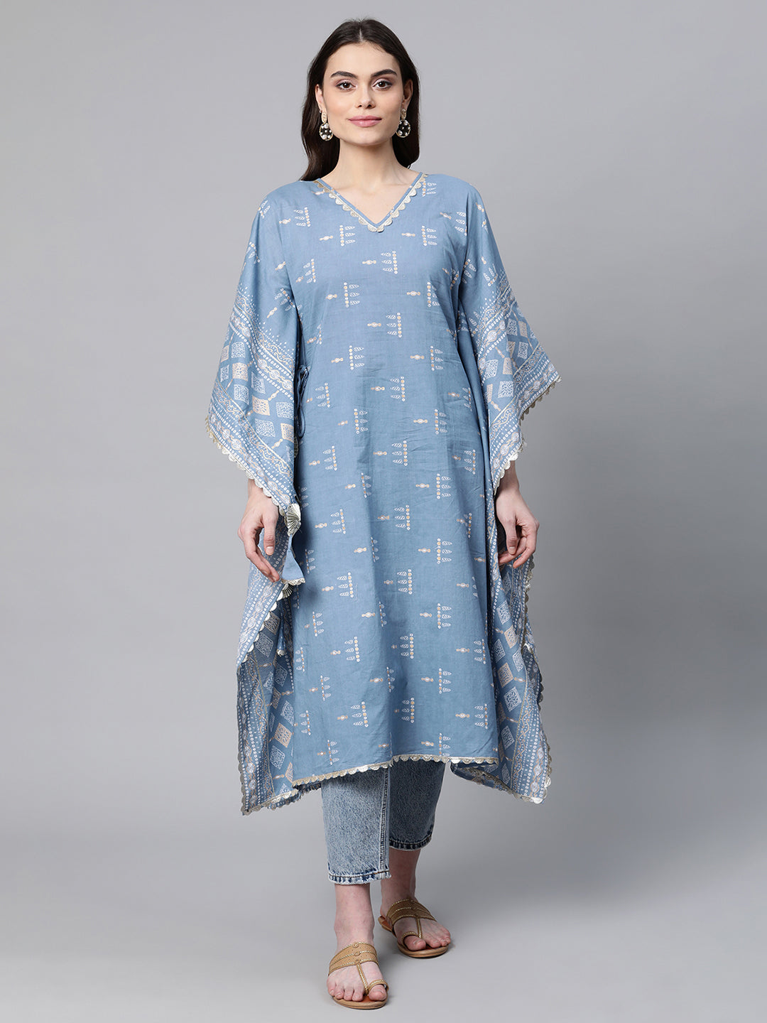 Women's Pastel Blue Pure Cotton Printed Kaftan Kurta - Ahalyaa