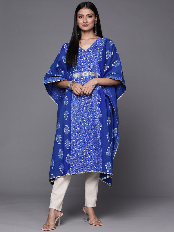 Women's Blue & White Floral Print Floral Kaftan Kurta - Ahalyaa