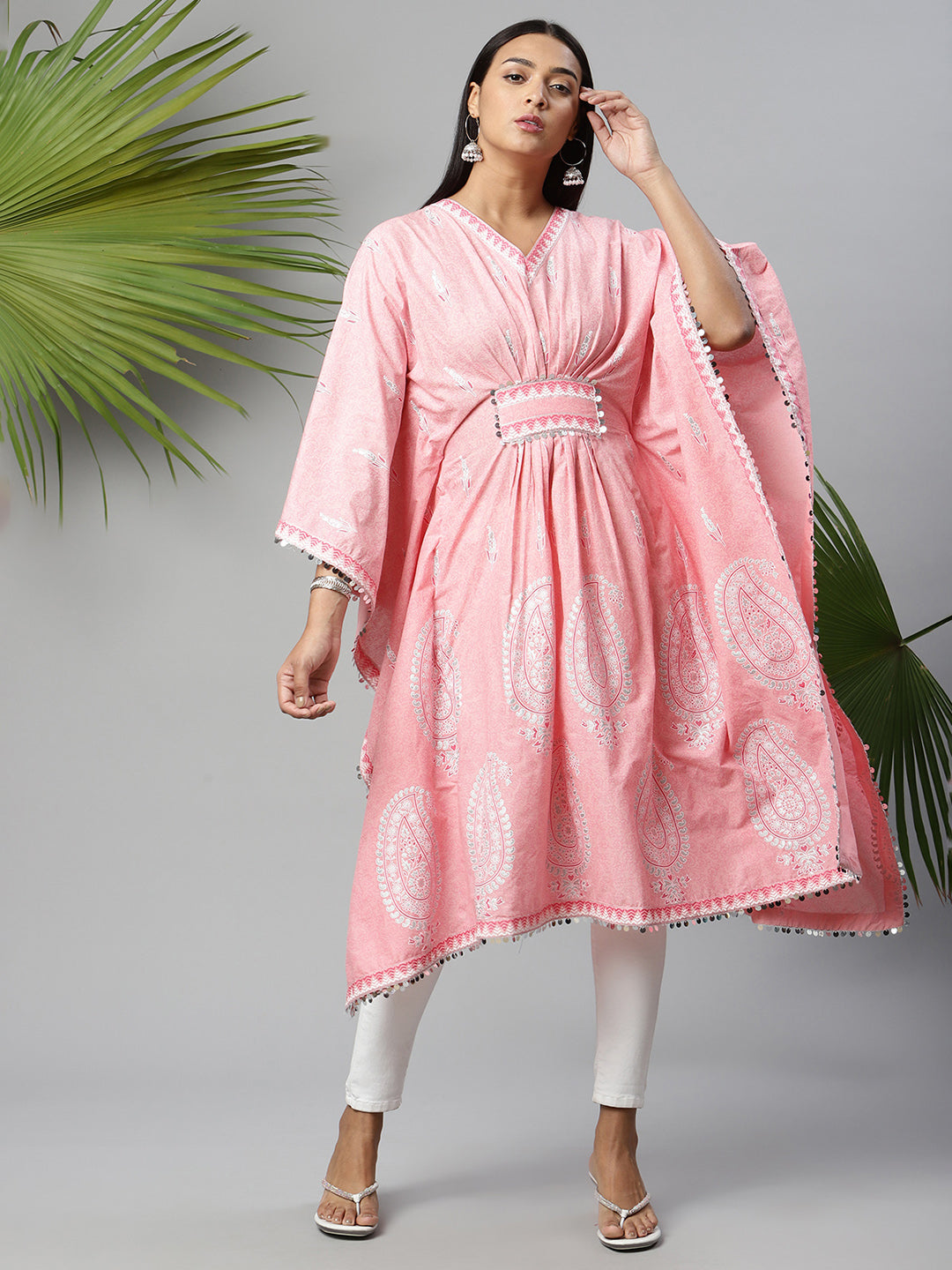 Women's Pink Pure Cotton Printed Kaftan Kurta - Ahalyaa