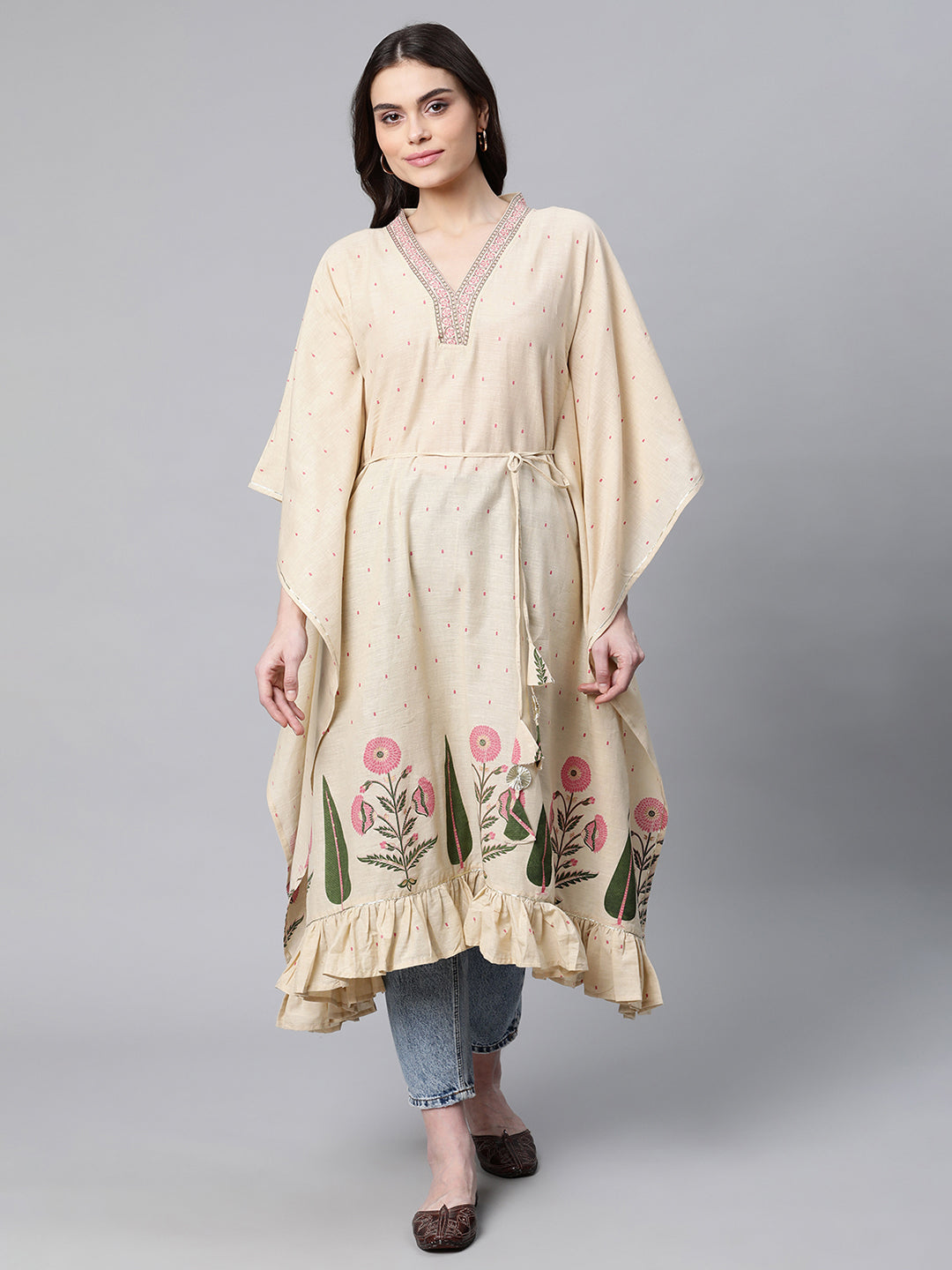 Women's Beige Pure Cotton Floral Printed Kaftan Kurta - Ahalyaa