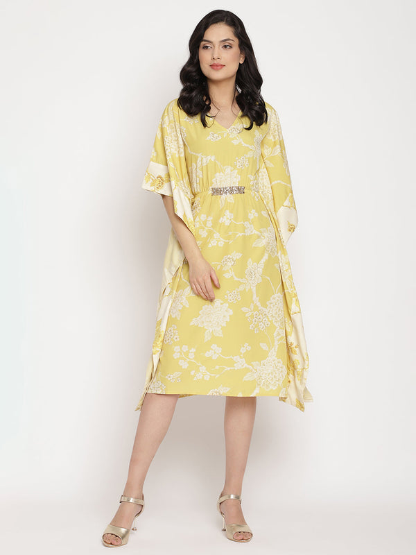 Women's Lime Green & Off White Floral Printed Flared Sleeves Floral Kaftan Kurta- Ahalyaa