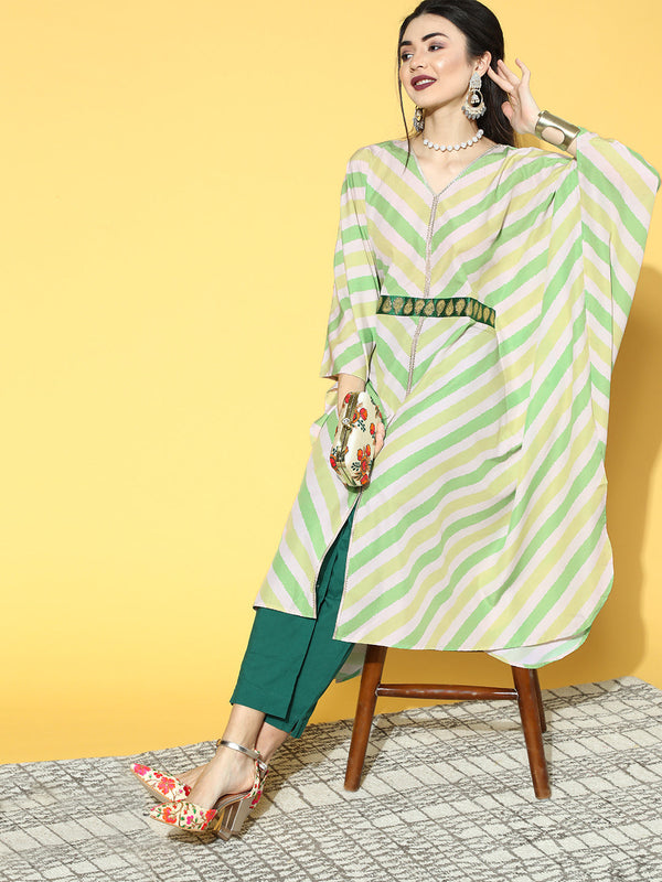 Green Digital Printed Flared Sleeve Kaftan Kurta